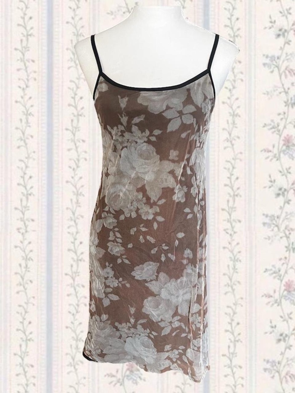 Women's Brown Floral Sheer Slip Dress with Black Trim